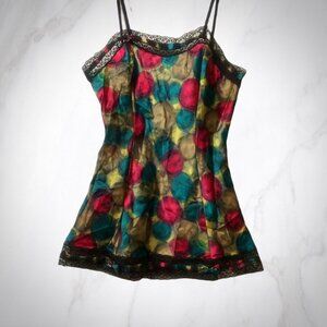 Vintage colorful stained glass pattern gothic lace trimmed slip top from Italy